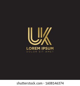 Initial Letter UK linked uppercase overlap modern gold logo vector design template. Suitable for business, consulting group company.