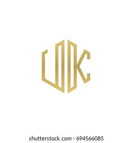 Initial letter UK, minimalist line art hexagon shape logo, gold color