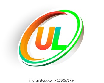 initial letter UL logotype company name colored orange and green circle and swoosh design, modern logo concept. vector logo for business and company identity.