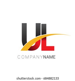 initial letter UL logotype company name colored red, black and yellow swoosh design. isolated on white background.
