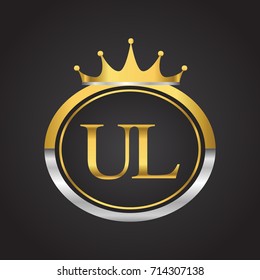 initial letter UL logotype company name with oval shape and crown, gold and silver color. vector logo for business and company identity.
