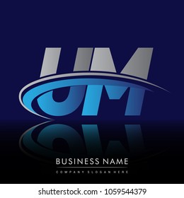 initial letter UM logotype company name colored blue and grey swoosh design. vector logo for business and company identity.