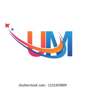 initial letter UM logotype company name colored orange, red and blue swoosh star design. vector logo for business and company identity.
