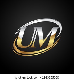 initial letter UM logotype company name colored gold and silver swoosh design. isolated on black background.