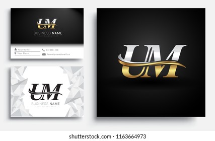 initial letter UM logotype company name colored gold and silver swoosh design. Vector sets for business identity on white background.