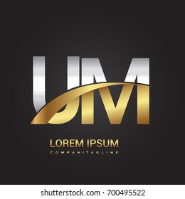 initial letter UM logotype company name colored gold and silver swoosh design. isolated on black background.