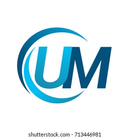 initial letter UM logotype company name blue circle and swoosh design. vector logo for business and company identity.