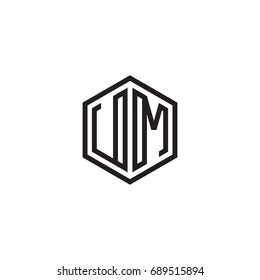 Initial letter UM, minimalist line art monogram hexagon logo, black color