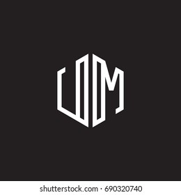 Initial letter UM, minimalist line art monogram hexagon shape logo, white color on black background