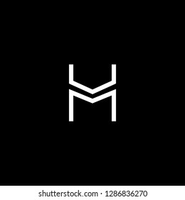 Initial letter UM MU HM MH minimalist art logo, white color on black background.