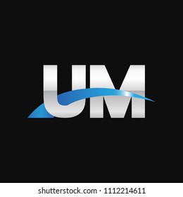 Initial letter UM, overlapping movement swoosh logo, metal silver blue color on black background