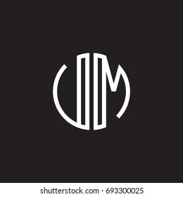 Initial letter UM, VM, minimalist line art monogram circle shape logo, white color on black background