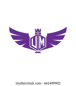 Initial letter UM with wings and crown design logo