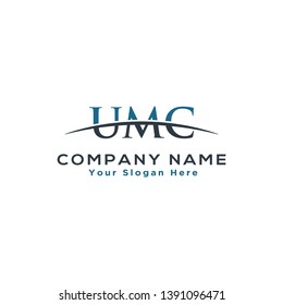 Initial letter UMC, overlapping movement swoosh horizon logo company design inspiration in blue and grey color vector