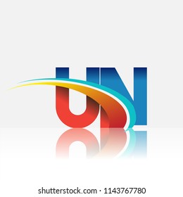 initial letter UN logotype company name colored red and blue and swoosh design. vector logo for business and company identity.
