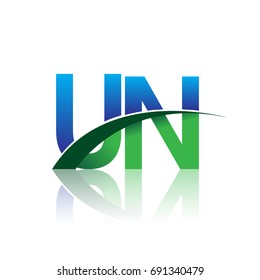 initial letter UN logotype company name colored blue and green swoosh design. vector logo for business and company identity.
