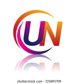 initial letter UN logotype company name orange and magenta color on circle and swoosh design. vector logo for business and company identity.