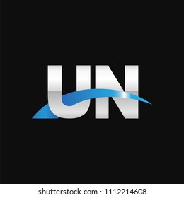 Initial letter UN, overlapping movement swoosh logo, metal silver blue color on black background