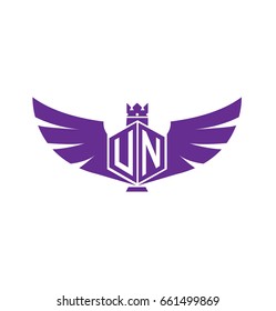Initial letter UN with wings and crown design logo