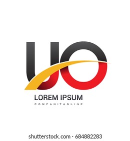 initial letter UO logotype company name colored red, black and yellow swoosh design. isolated on white background.
