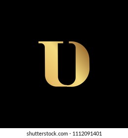 Initial letter UO OU minimalist art logo, gold color on black background