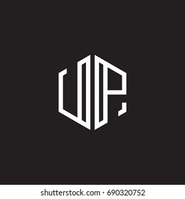 Initial letter UP, minimalist line art monogram hexagon shape logo, white color on black background