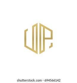 Initial letter UP, minimalist line art hexagon shape logo, gold color
