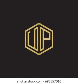 Initial letter UP, minimalist line art hexagon logo, gold color on black background