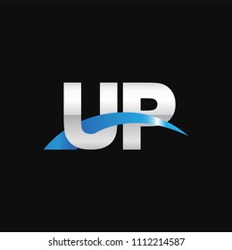 Initial letter UP, overlapping movement swoosh logo, metal silver blue color on black background