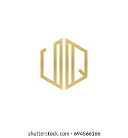 Initial letter UQ, minimalist line art hexagon shape logo, gold color