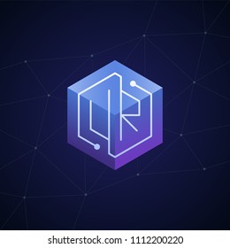 Initial letter UR, block chain, looping mono line circuit letter on hexagon cube logo, blue magenta gradient color on black blue network background