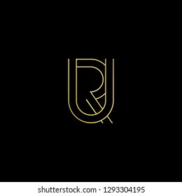 Initial letter UR RU minimal monogram art logo, gold color on black background.