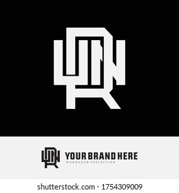 Initial letter URN, UNR, RUN, RNU, NUR  or NRU overlapping, interlock, monogram logo, white color on black background