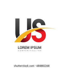 initial letter US logotype company name colored red, black and yellow swoosh design. isolated on white background.
