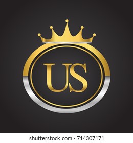 initial letter US logotype company name with oval shape and crown, gold and silver color. vector logo for business and company identity.
