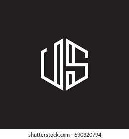 Initial letter US, minimalist line art monogram hexagon shape logo, white color on black background