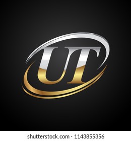 initial letter UT logotype company name colored gold and silver swoosh design. isolated on black background.