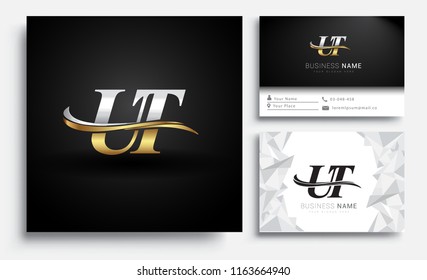 initial letter UT logotype company name colored gold and silver swoosh design. Vector sets for business identity on white background.