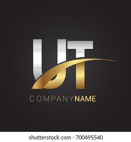 initial letter UT logotype company name colored gold and silver swoosh design. isolated on black background.