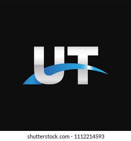 Initial letter UT, overlapping movement swoosh logo, metal silver blue color on black background