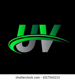 initial letter UV logotype company name colored green and black swoosh design. vector logo for business and company identity.