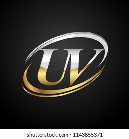 initial letter UV logotype company name colored gold and silver swoosh design. isolated on black background.