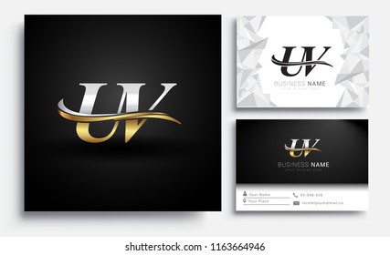 initial letter UV logotype company name colored gold and silver swoosh design. Vector sets for business identity on white background.