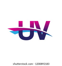 initial letter UV logotype company name colored blue and magenta swoosh design. vector logo for business and company