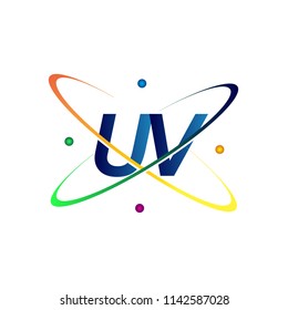 initial letter UV logotype science icon colored blue, red, green and yellow swoosh design. vector logo for business and company identity.
