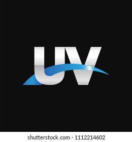 Initial letter UV, overlapping movement swoosh logo, metal silver blue color on black background