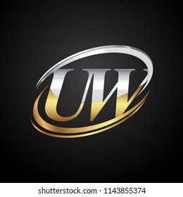 initial letter UW logotype company name colored gold and silver swoosh design. isolated on black background.