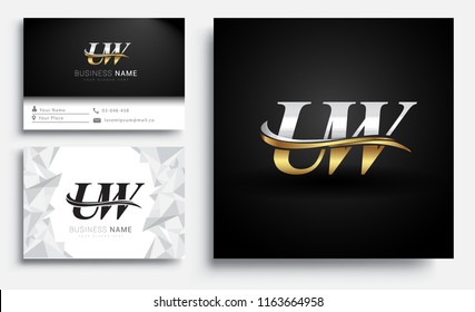 initial letter UW logotype company name colored gold and silver swoosh design. Vector sets for business identity on white background.