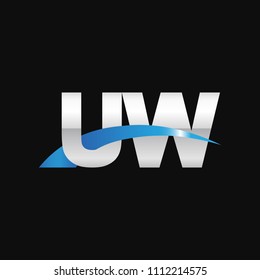 Initial letter UW, overlapping movement swoosh logo, metal silver blue color on black background