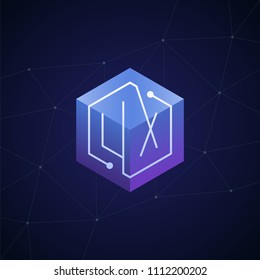 Initial letter UX, block chain, looping mono line circuit letter on hexagon cube logo, blue magenta gradient color on black blue network background